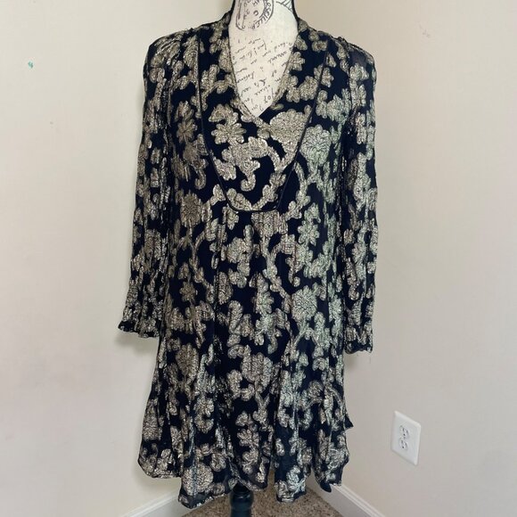 Anthropologie Black Gold Tunic Mini Dress Oversized Pockets XS READ DESCRIPTION - Picture 15 of 16
